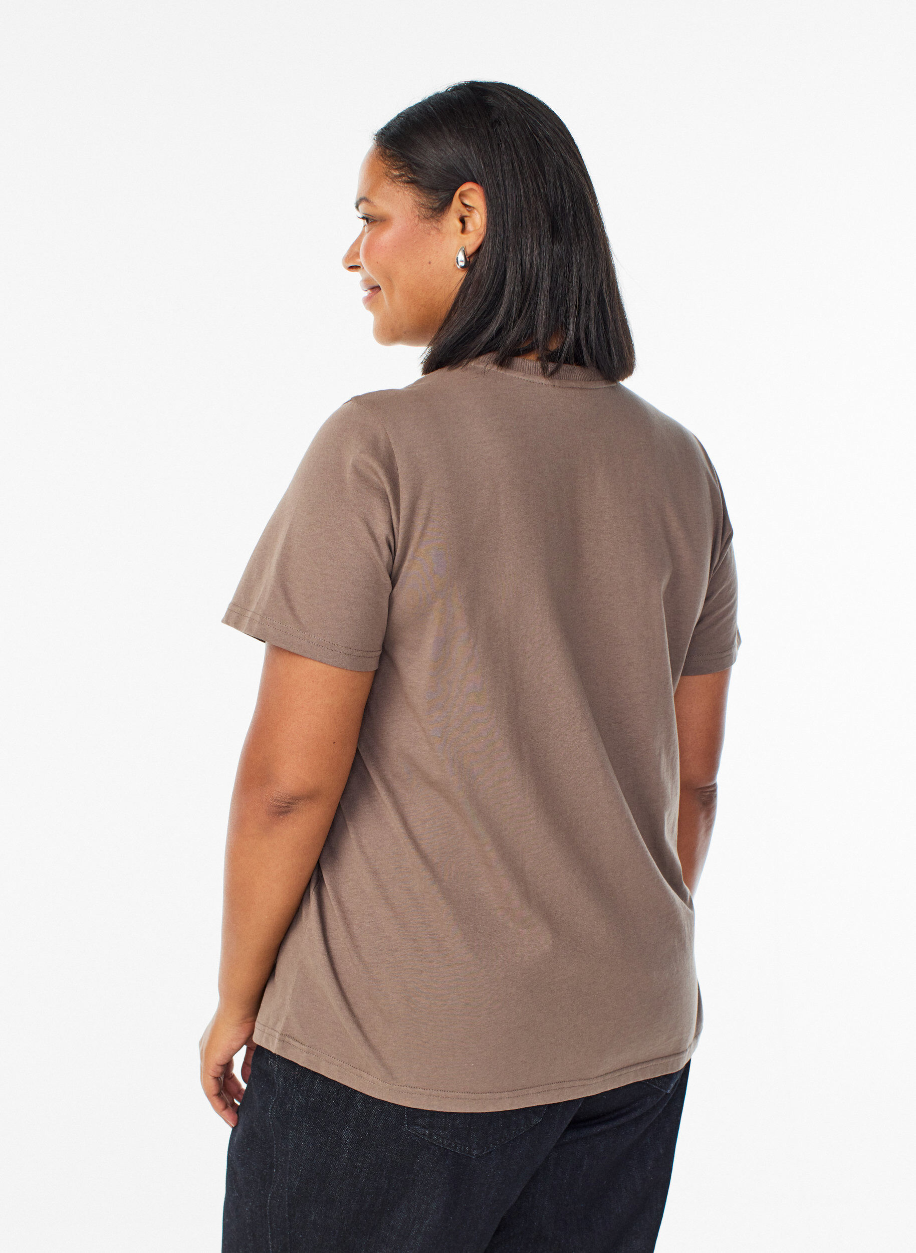 ZizziBasic katoenen T-shirt met ronde hals, Bruin, Model image number 2