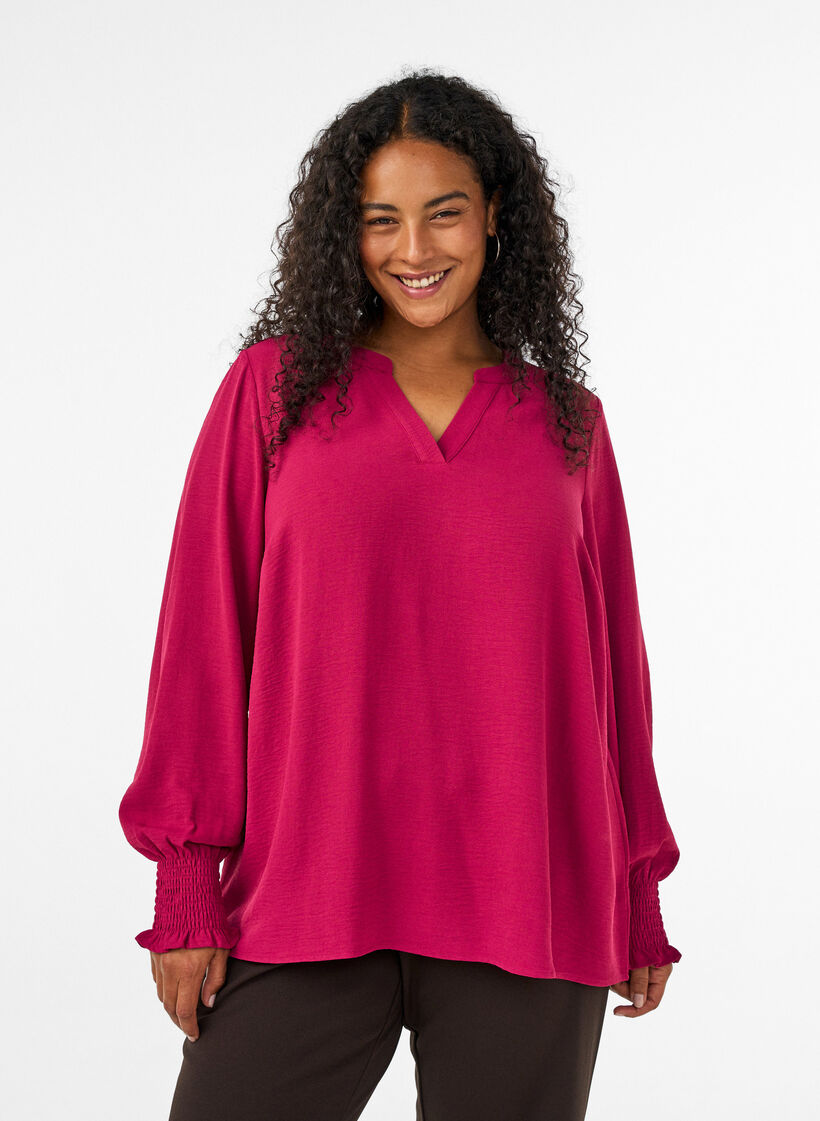 Blouse met smockmanchetten en V-hals, Rood, Model image number 0