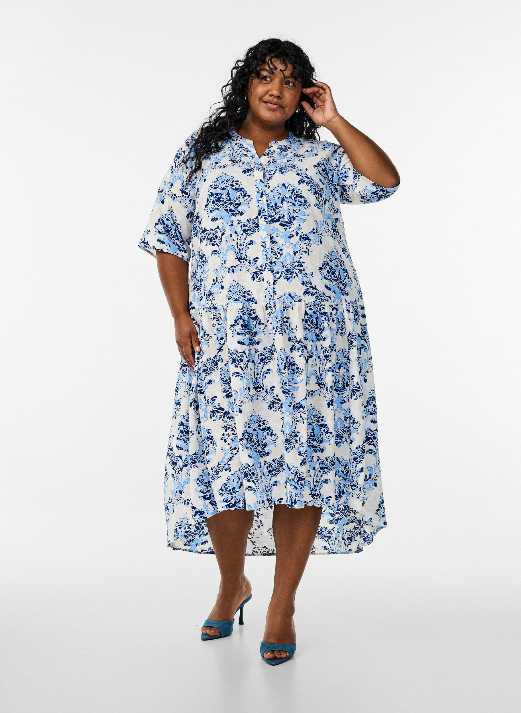 ZizziA-lijn midi-jurk met korte mouwen, Beige, Model image number 1