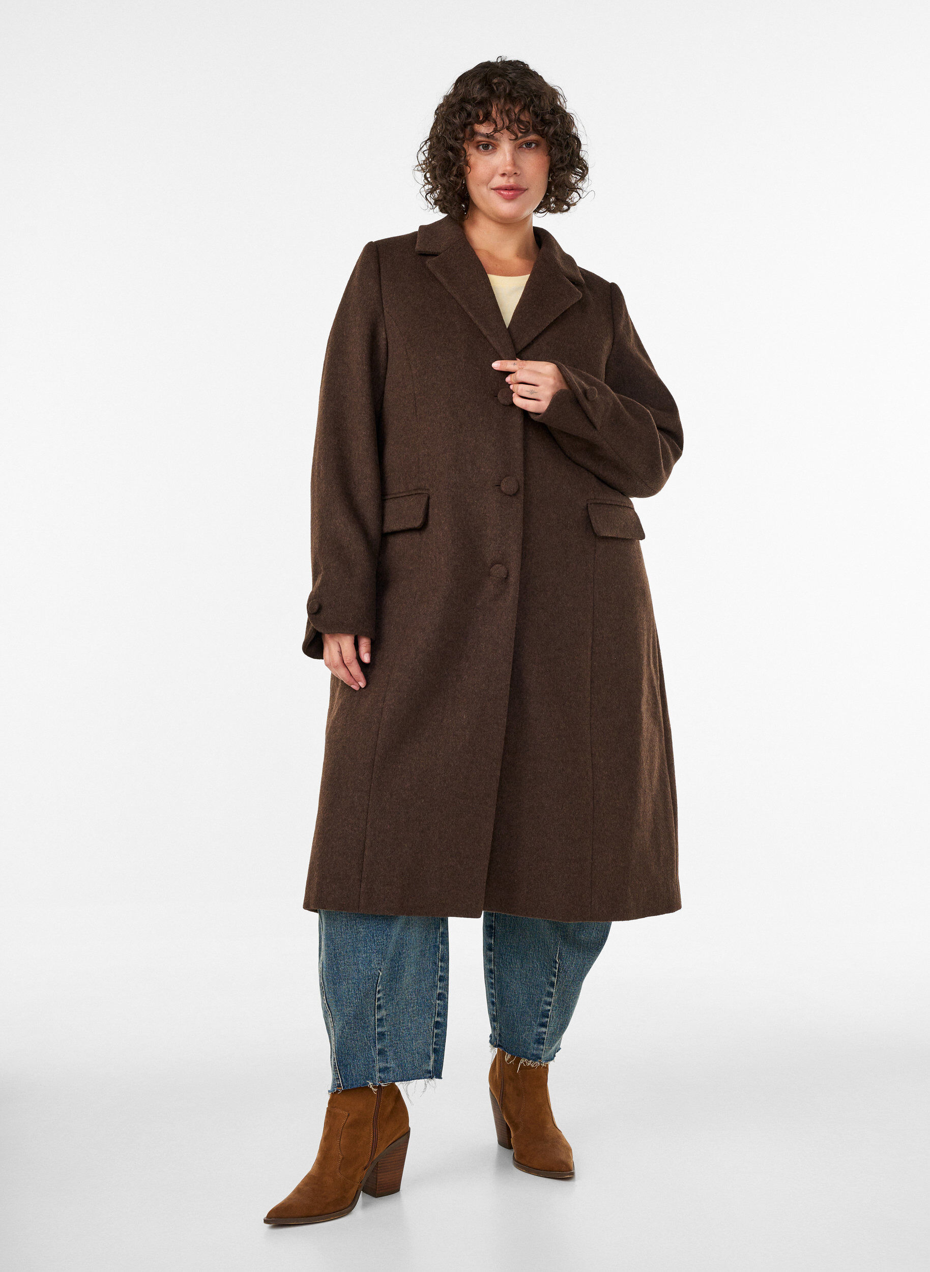 ZizziWolblendjas met revers en knopen, Bruin, Model image number 1