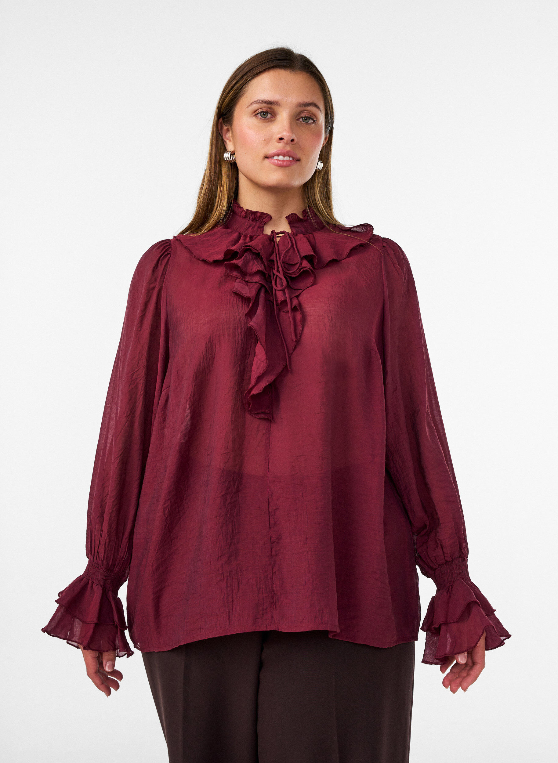 Viscose blouse met ruches en lange mouwen, Rood, Model