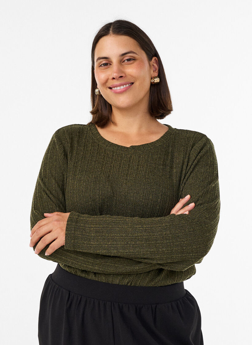 Jersey blouse met geribde structuur en lange mouwen, Groen, Model image number 0