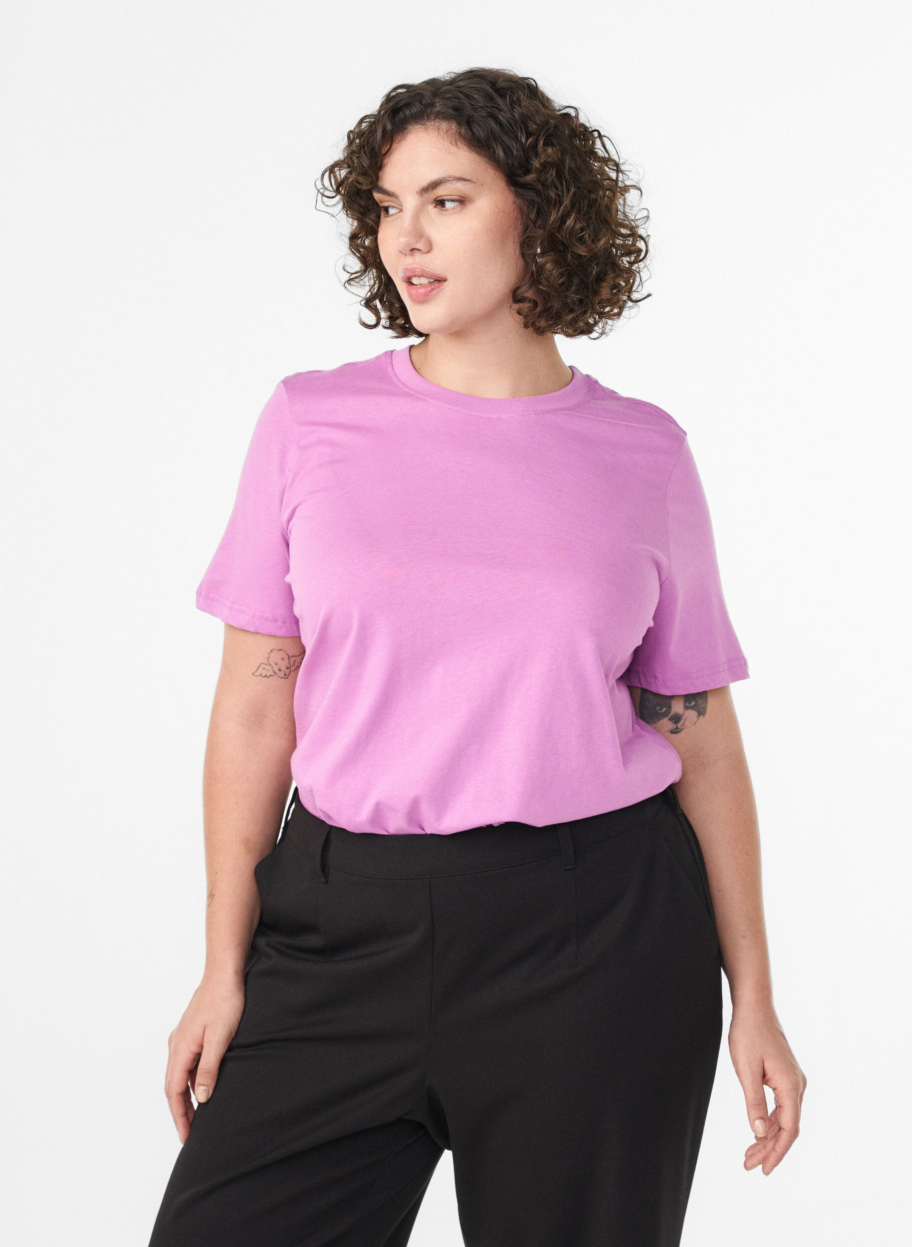 Basic katoenen T-shirt met ronde hals, Paars, Model