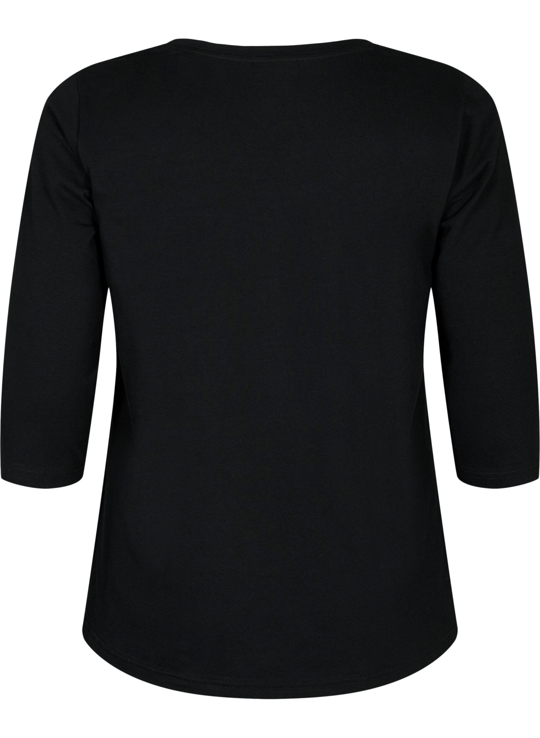 ZizziBasic katoenen t-shirt met 3/4 mouwen, Zwart, Packshot image number 1