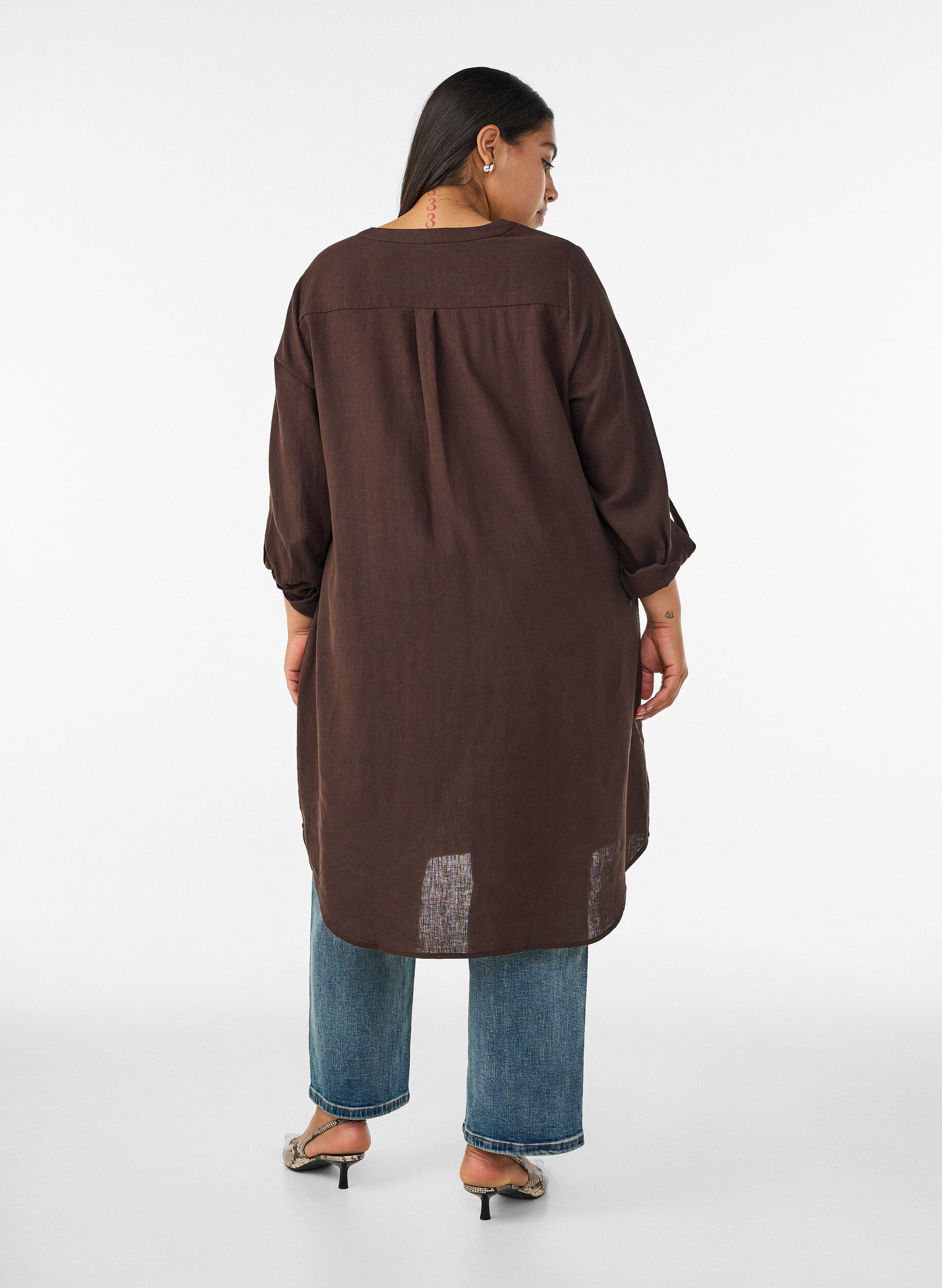 ZizziLang shirt in linnen en viscose, Bruin, Model image number 1