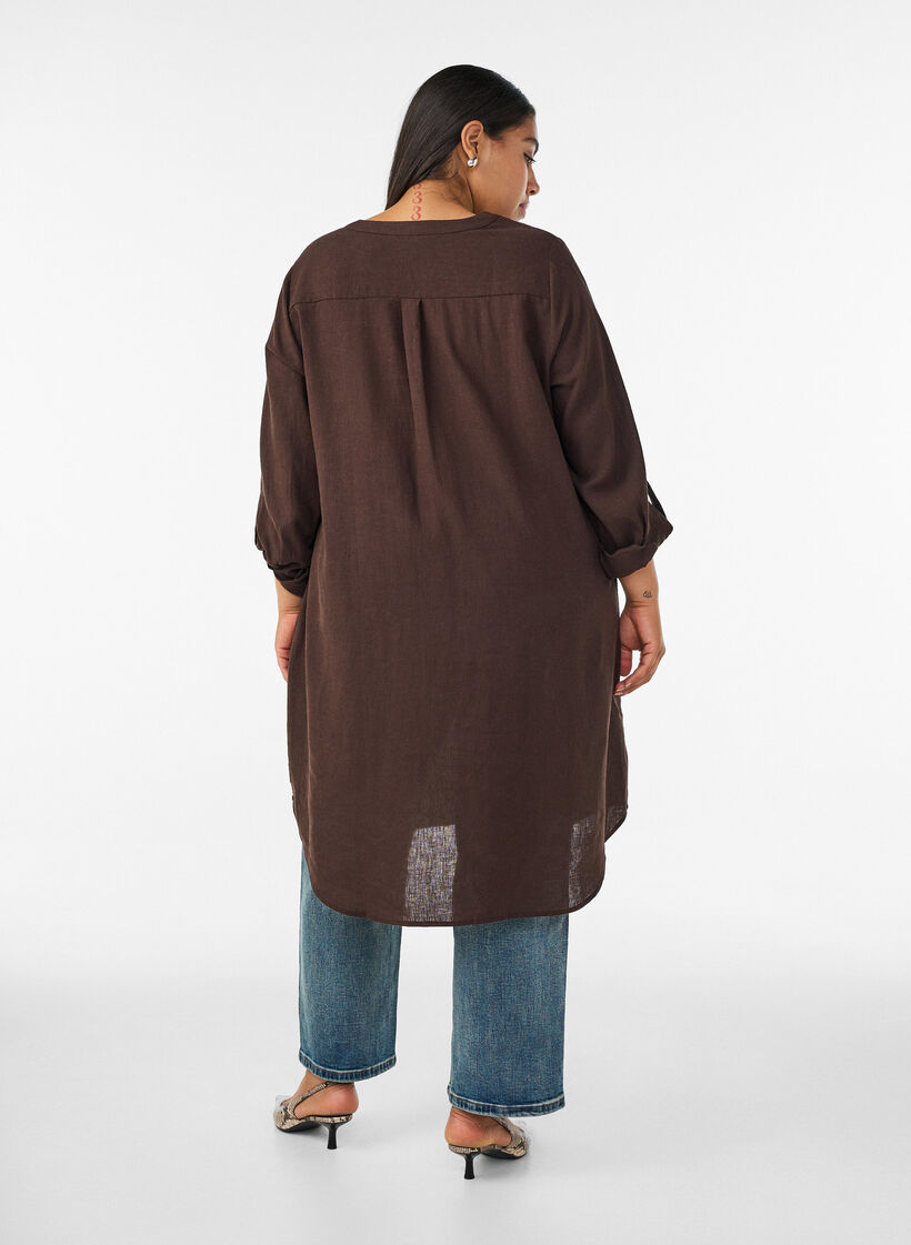 Lang shirt in linnen en viscose, Bruin, Model image number 1