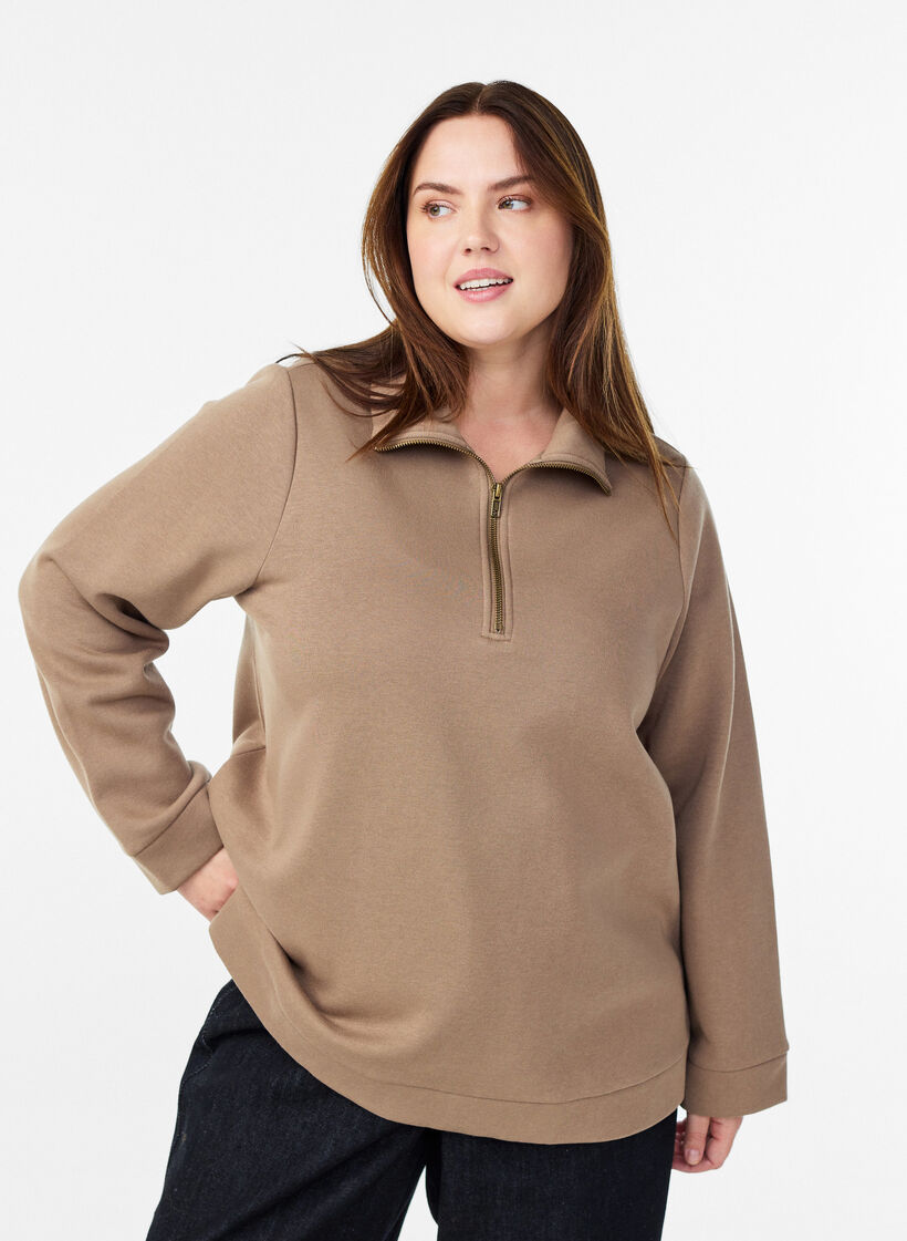 Sweatshirt met hoge hals en ritssluiting, Bruin, Model image number 0