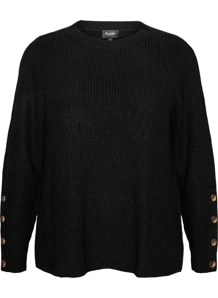 Gebreide blouse met ribstructuur en knoopdetails, Zwart, Packshot image number 0