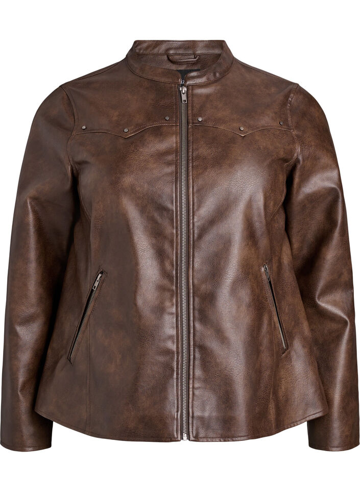 Imitatieleer jack met studs en zakken, Brown, Packshot