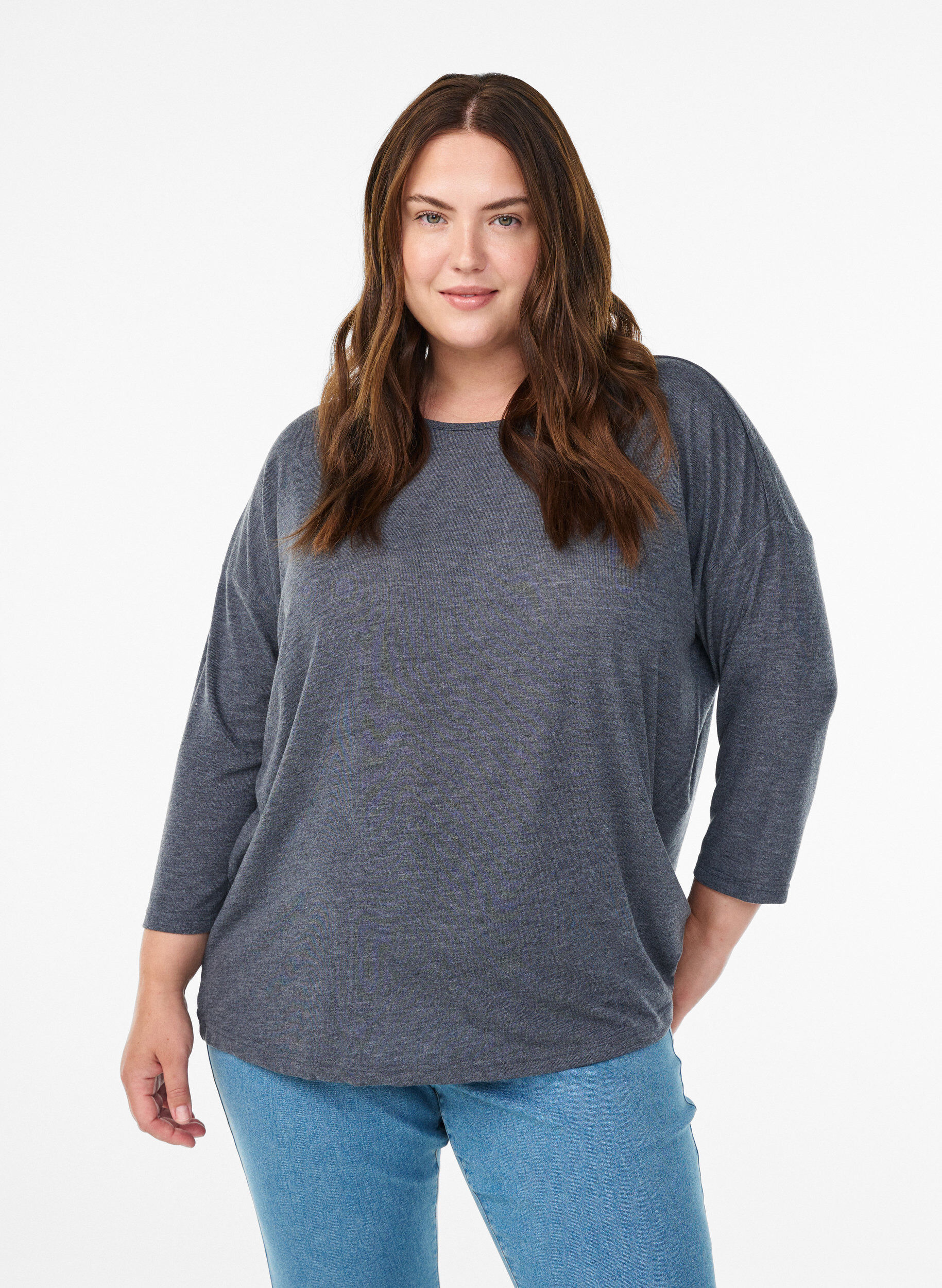 Jersey blouse met 3/4 mouwen, Grijs, Model