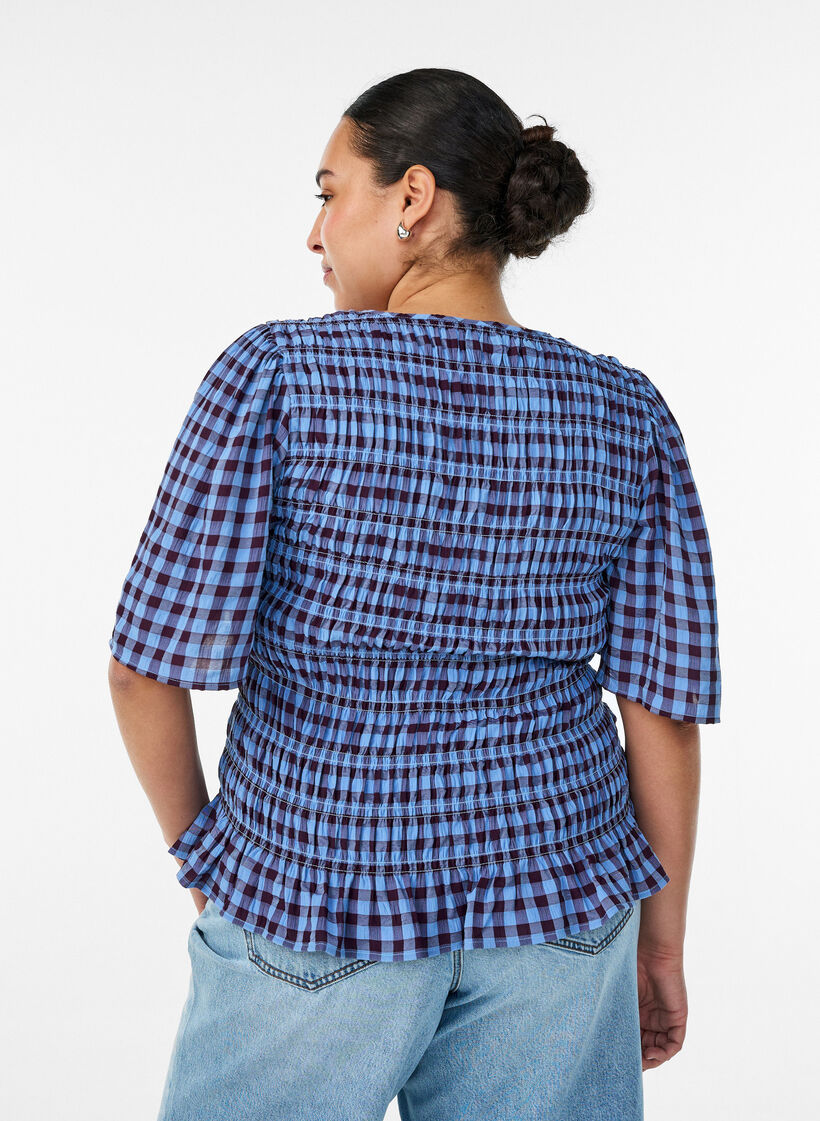 Smockblouse met ginghamruit en rucherand, Blauw, Model