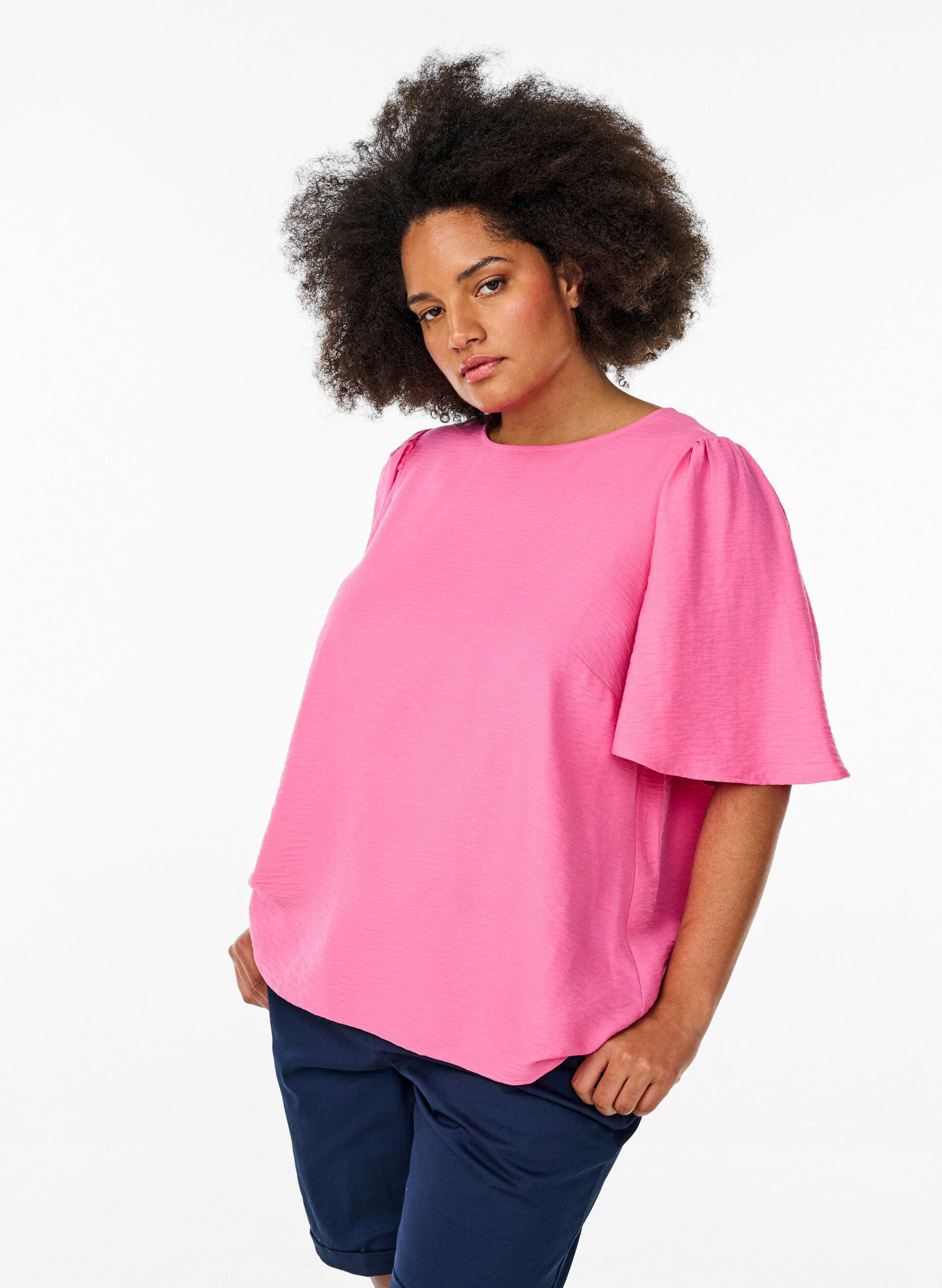 Blouse met korte, wijde mouwen, Roze, Model