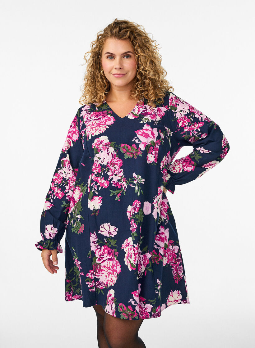 Korte katoenen jurk met V-hals en lange mouwen, Blauw, Model image number 0