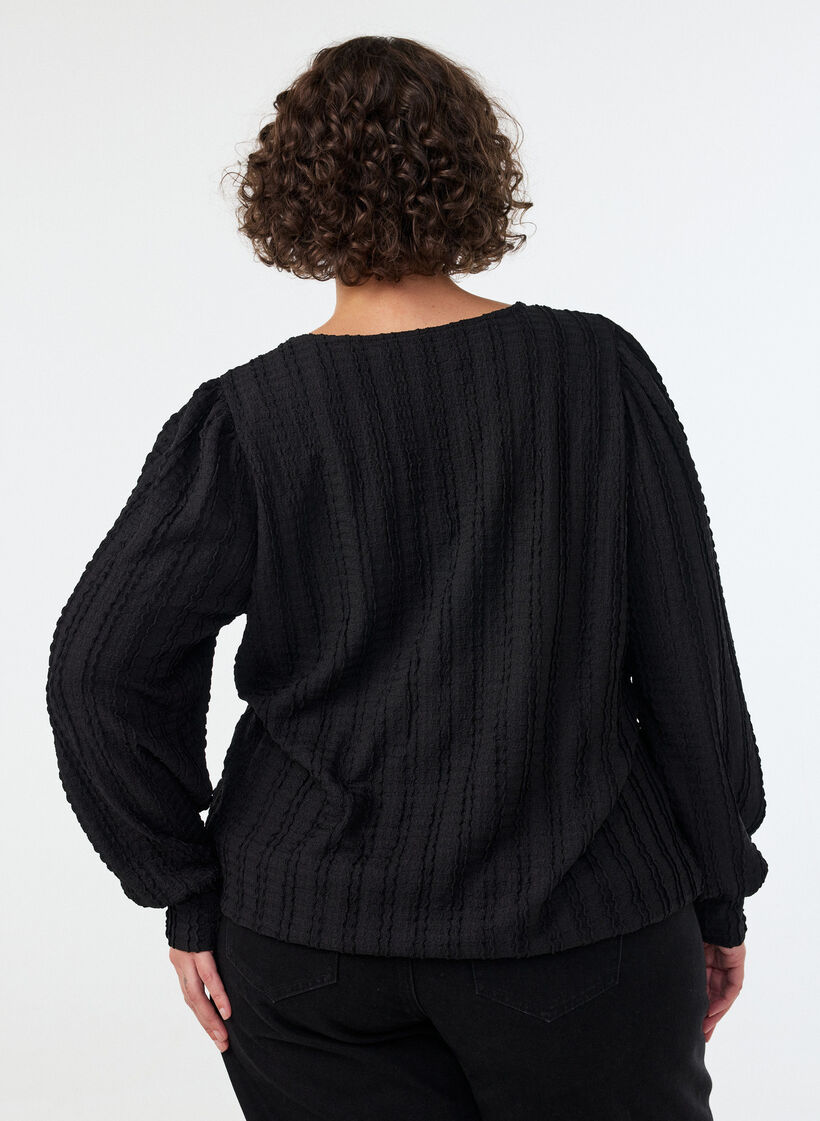 Jersey blouse met structuur en ballonsilhouet, Zwart, Model image number 2