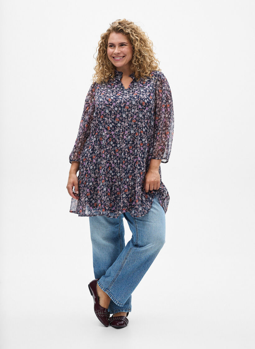 Tunic met bloemenprint en glitterdraden, Navy Flower AOP, Model
