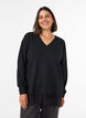 Gebreide blouse met V-hals en kanten rand, Zwart, Model image number 0