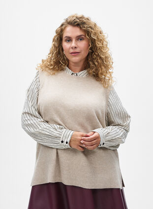ZizziGebreid vest met geribbelde randen, Simply Taupe Mel., Model image number 0
