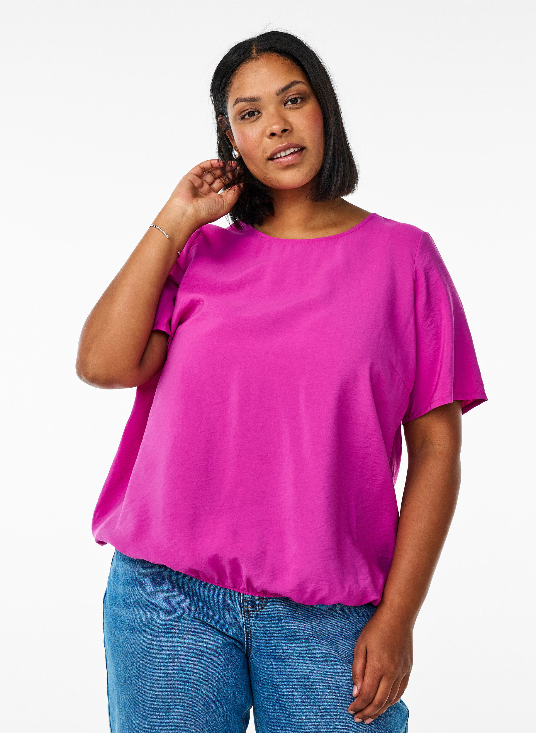 ZizziBlouse met korte mouwen en elastische zoom, Roze, Model image number 0
