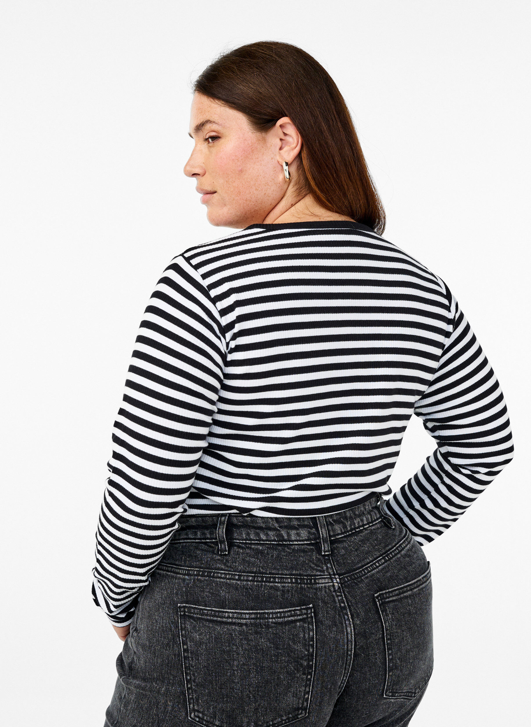 ZizziGestreepte blouse met lange mouwen, Zwart, Model image number 2