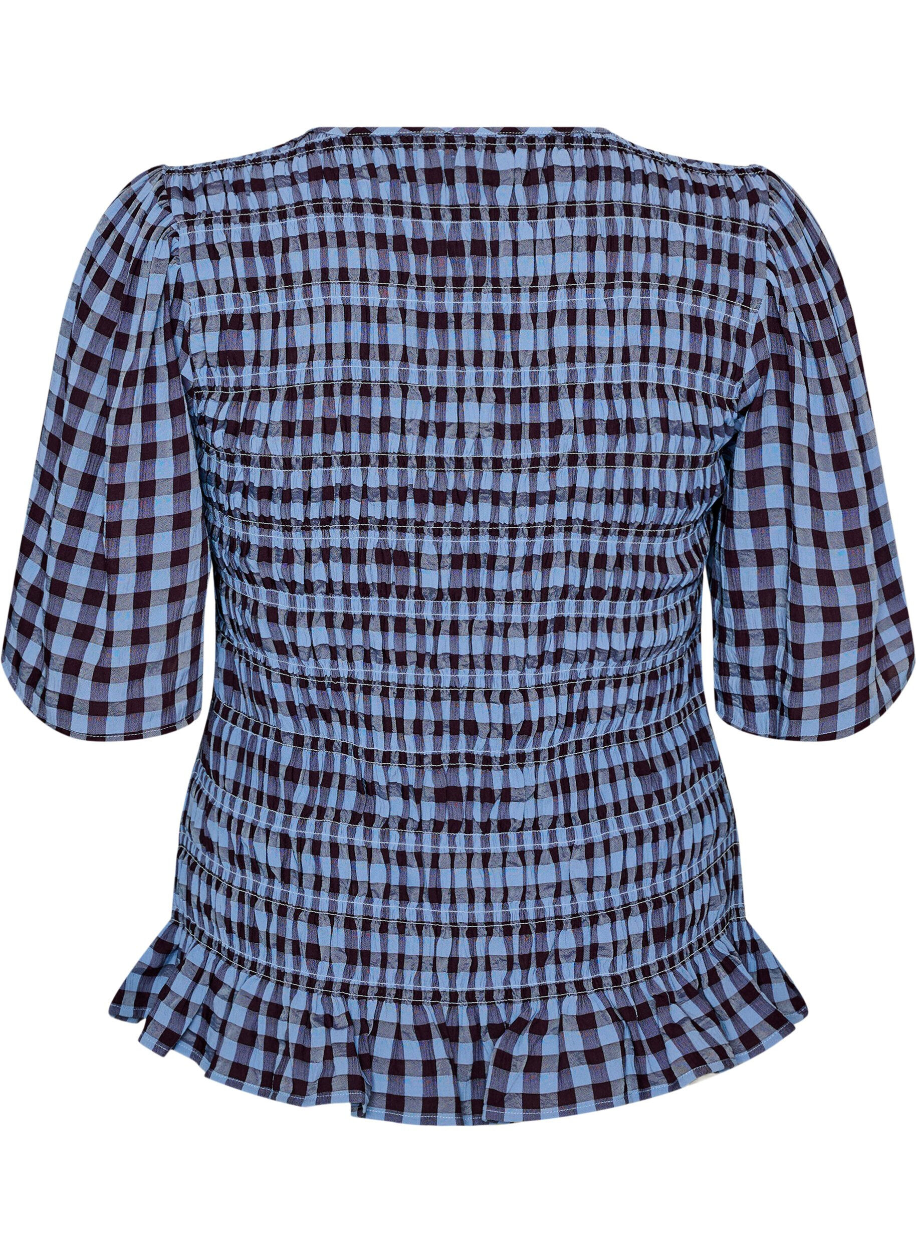 ZizziSmockblouse met ginghamruit en rucherand, Blauw, Packshot image number 1
