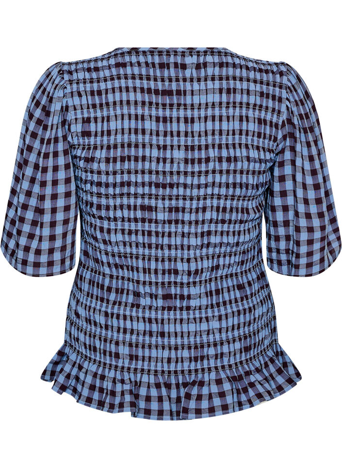 Smockblouse met ginghamruit en rucherand, Blauw, Packshot