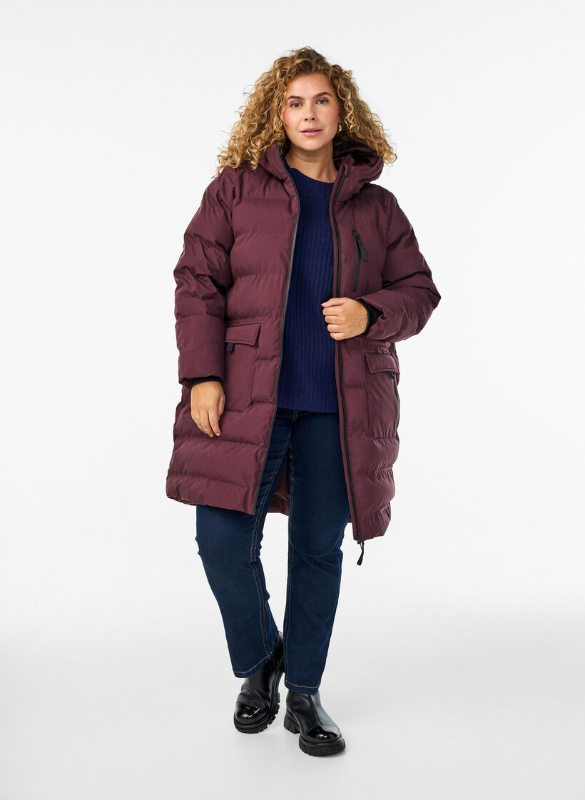Pufferjas met capuchon en zakken, Donker Bordeaux, Model image number 1