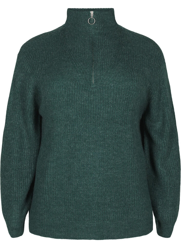 Gebreide trui met hoge hals en rits, Groen, Packshot image number 0