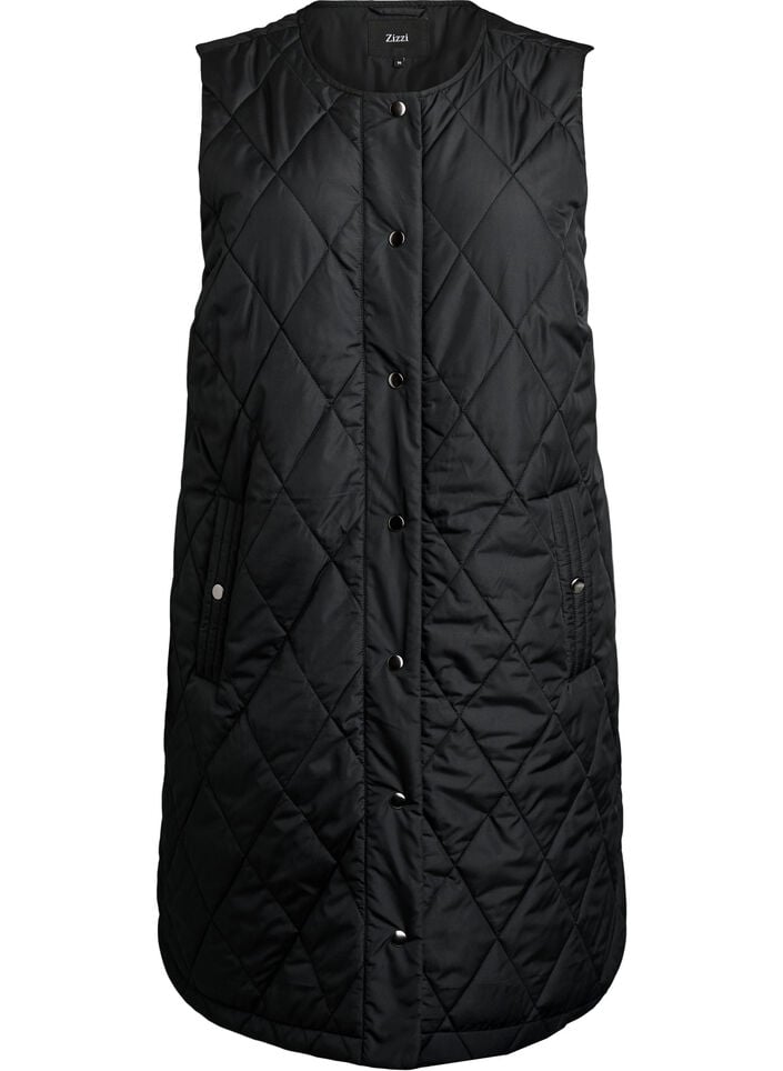 Lange gewatteerde gilet met drukknoopsluiting, Zwart, Packshot image number 0