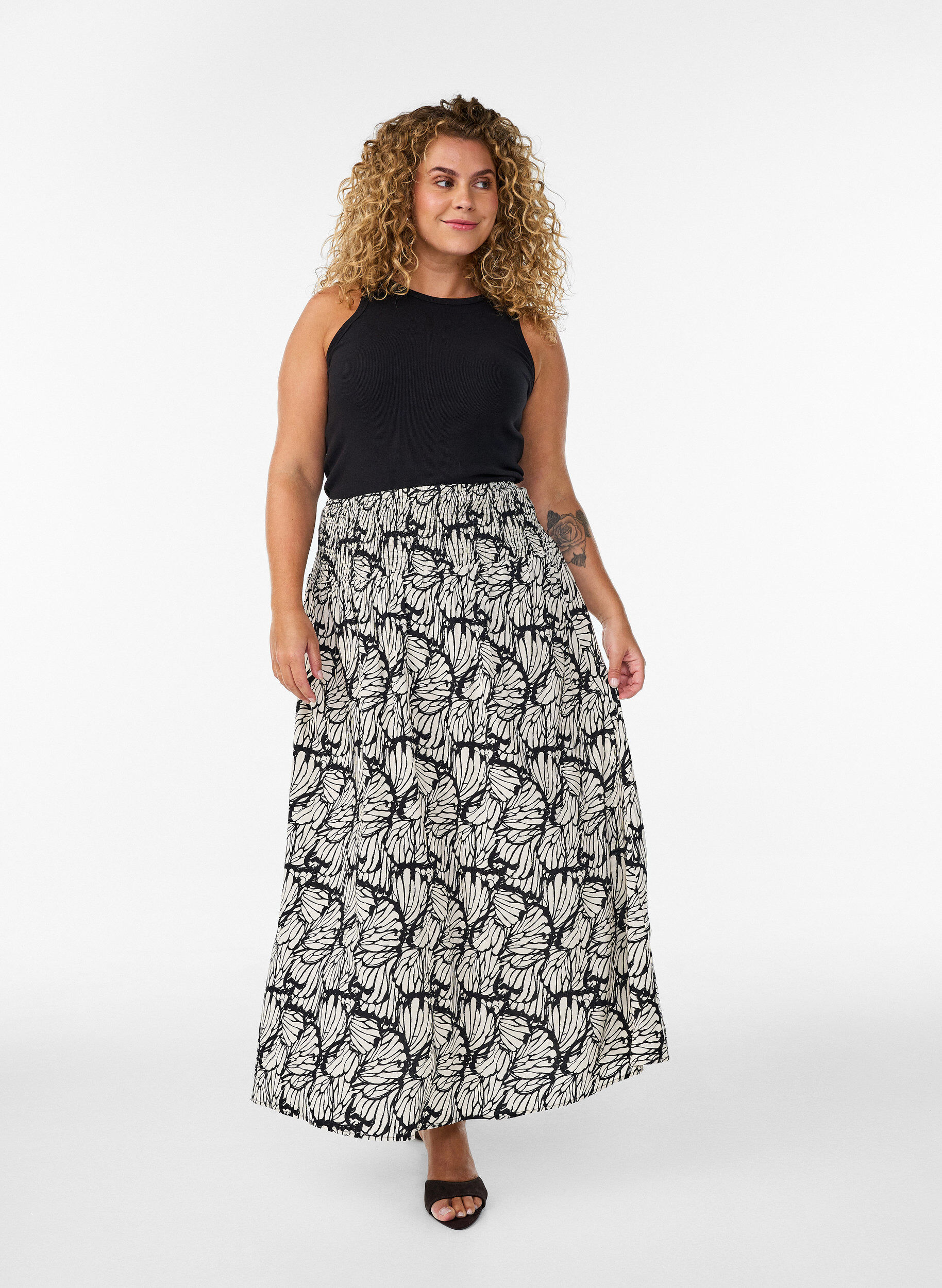Viscose maxi-rok met smock, Zwart, Model