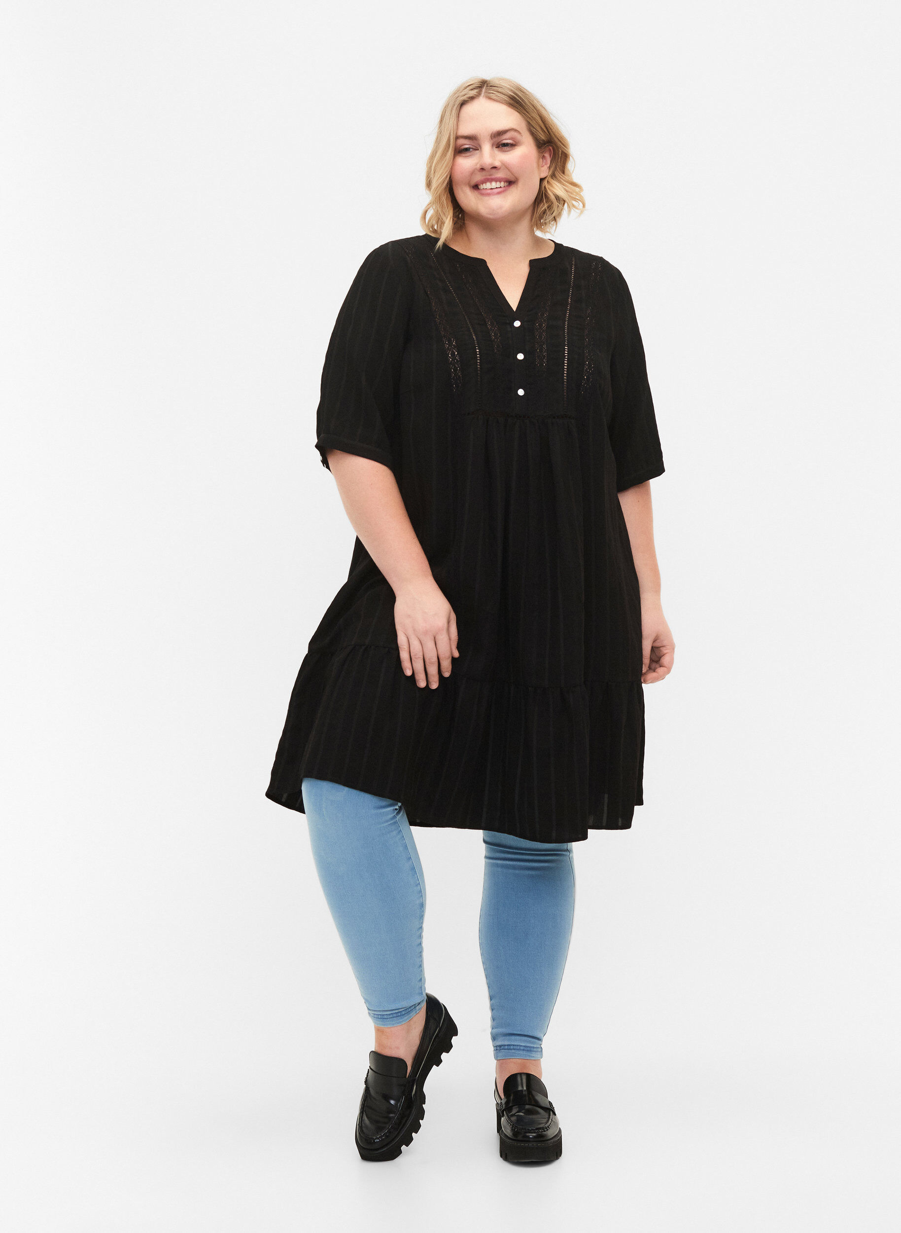 ZizziGestreepte viscose jurk met kanten lint, Black, Model image number 2