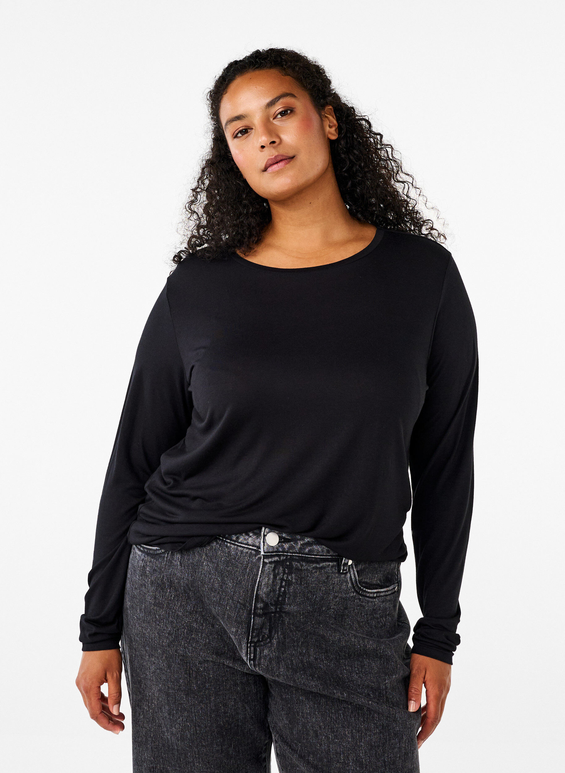 Blouse met lange mouwen van wol en viscose, Zwart, Model