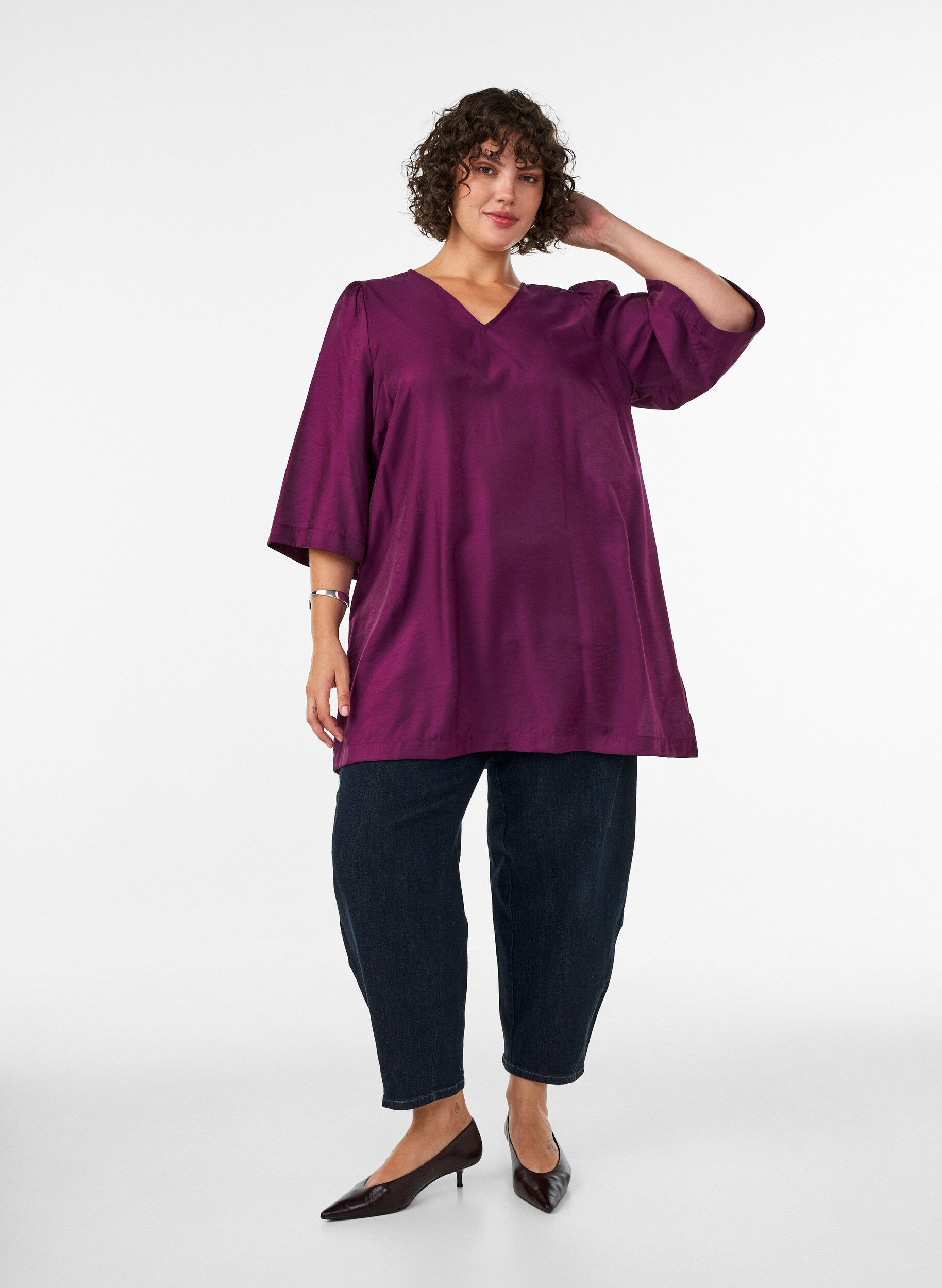 ZizziGlanzende tuniek met V-hals en 3/4 mouwen, Paars, Model image number 1