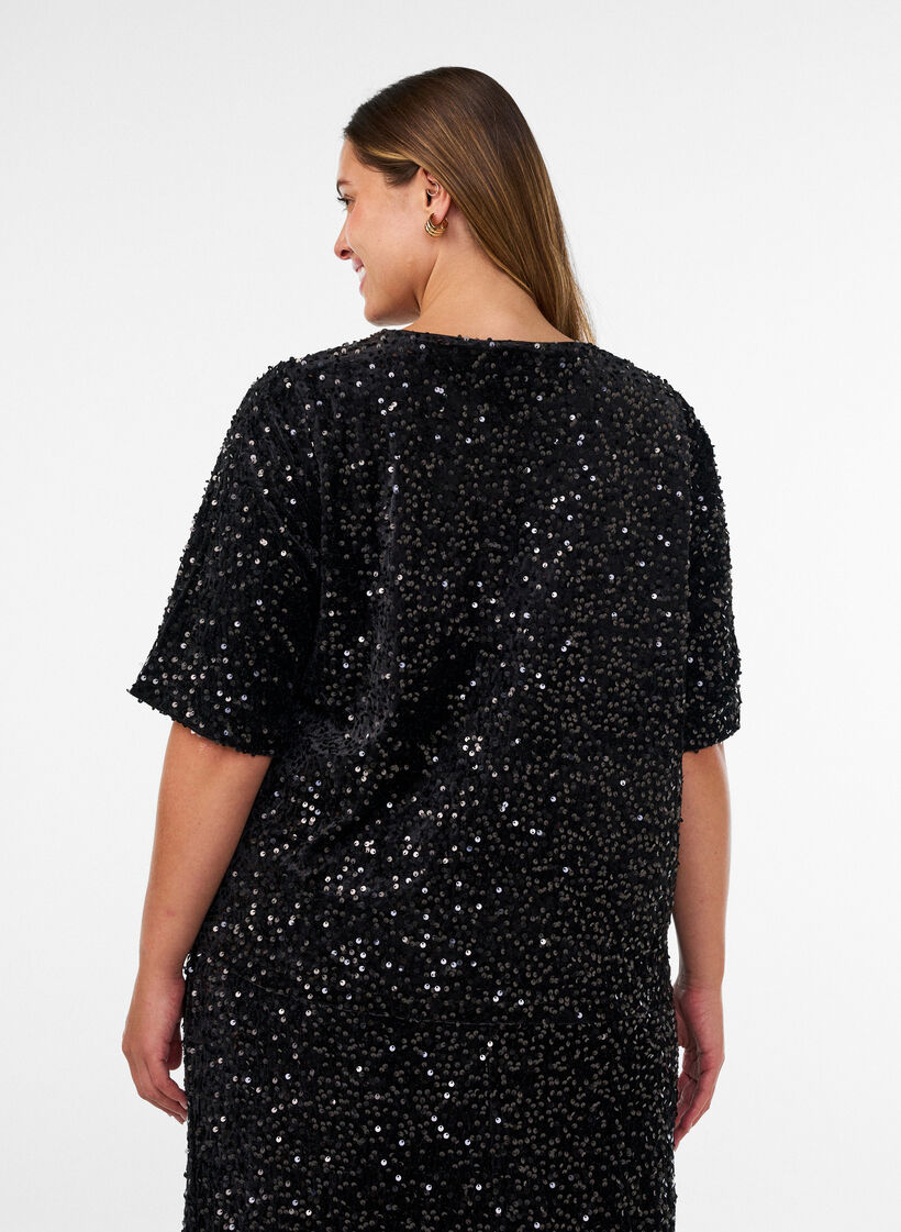 Paillettenblouse met mouwen tot de elleboog, Zwart, Model image number 2