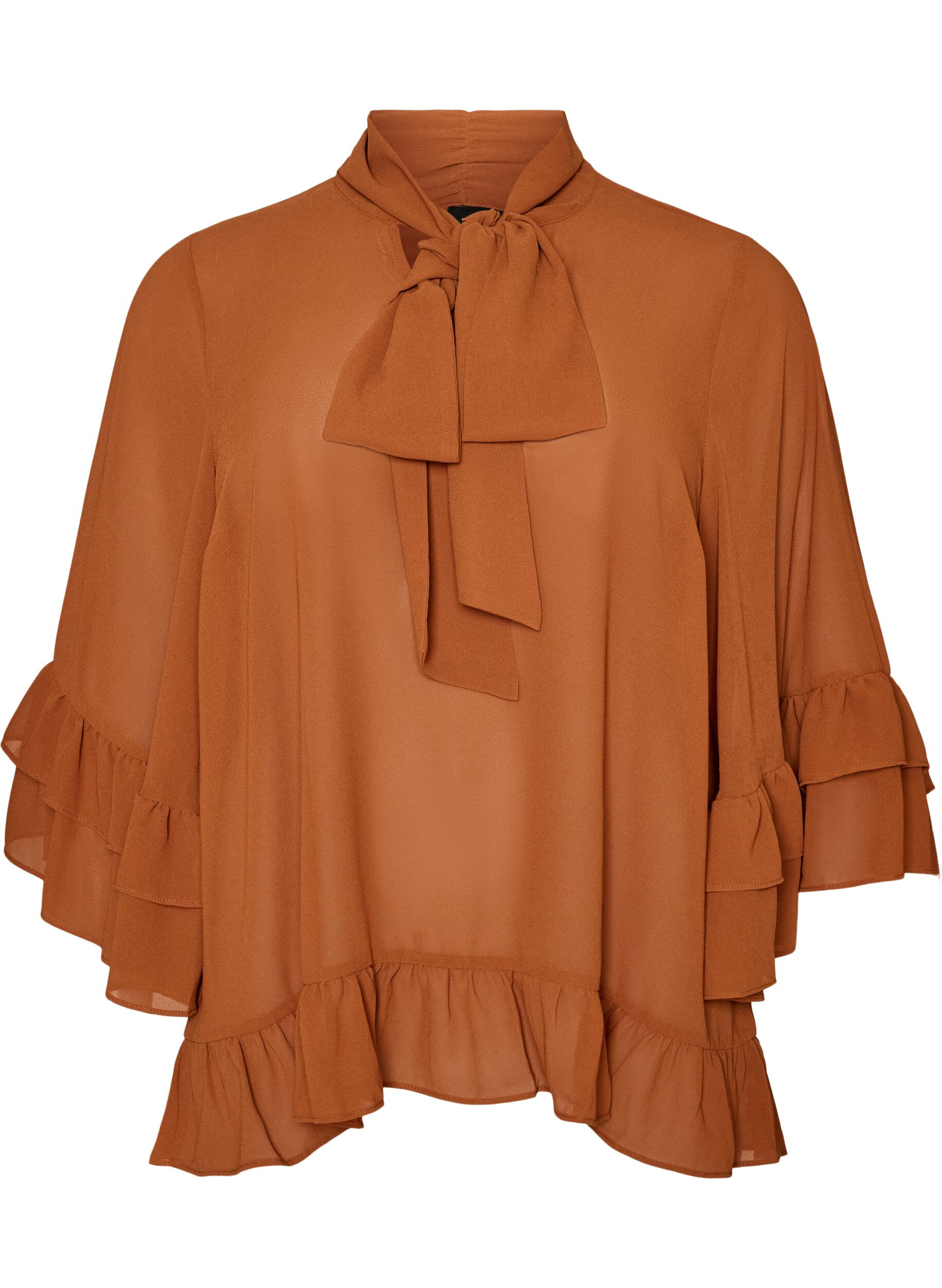 ZizziBlouse met striklint en ruches, Bruin, Packshot image number 0