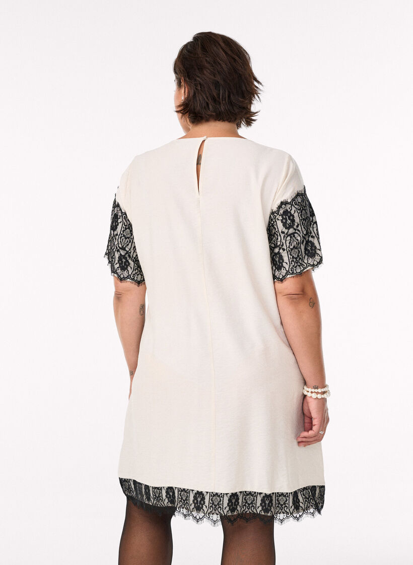 Korte jurk met contrasterende kanten panelen, Beige, Model image number 2