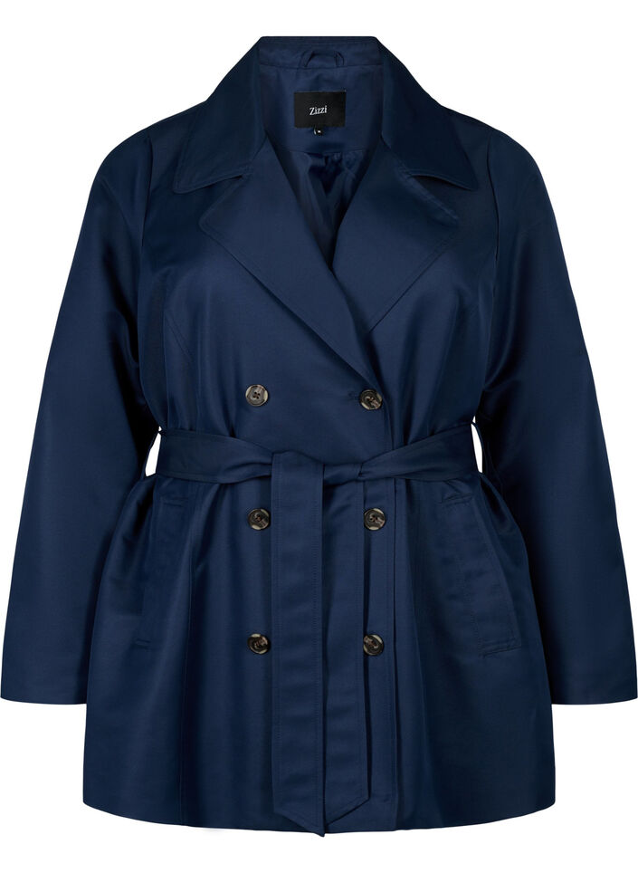 Korte trenchcoat met riem, Blauw, Packshot image number 0