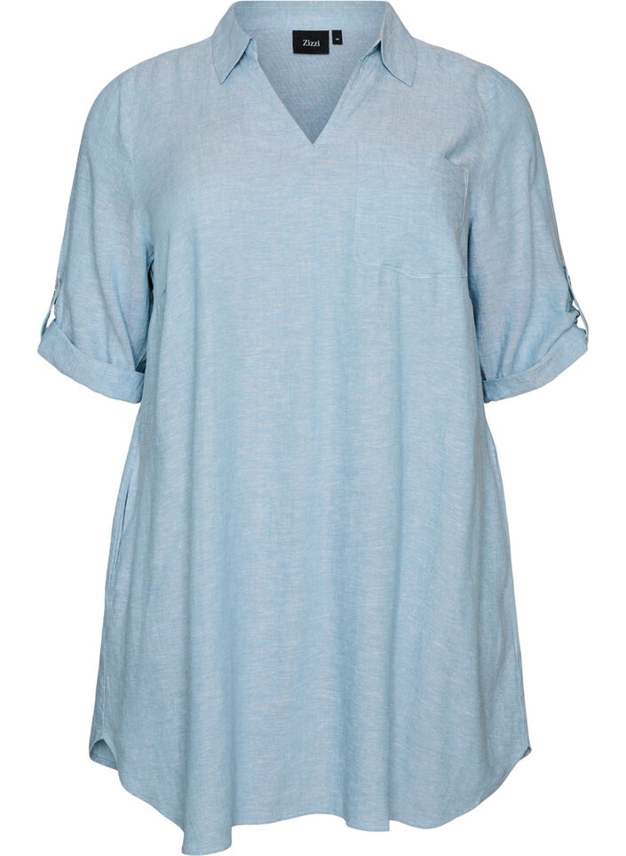 Tuniek van linnen en viscose met A-vorm, Blauw, Packshot image number 0