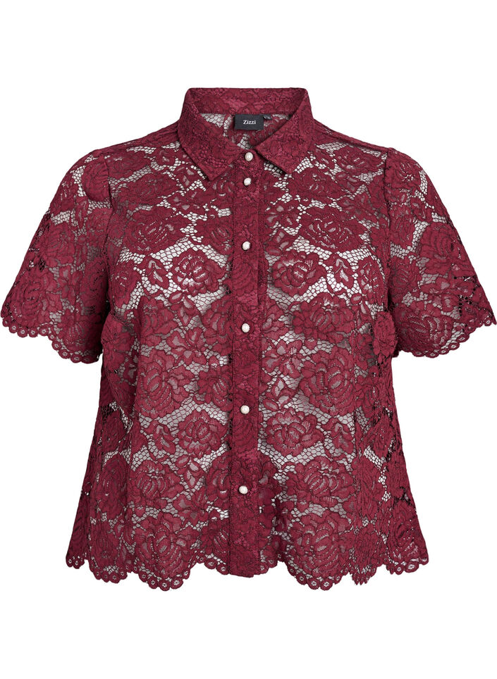 Kanten shirt blouse met parelknopen, Tawny Port, Packshot