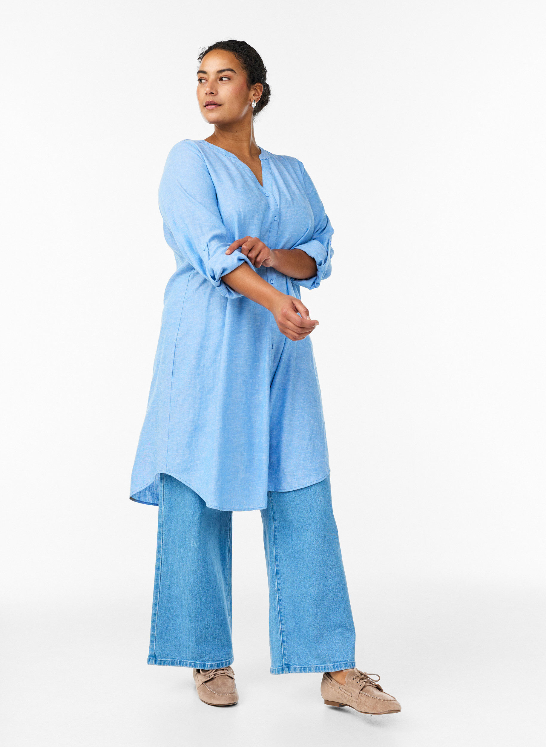 ZizziLang shirt in linnen en viscose, Blauw, Model image number 1