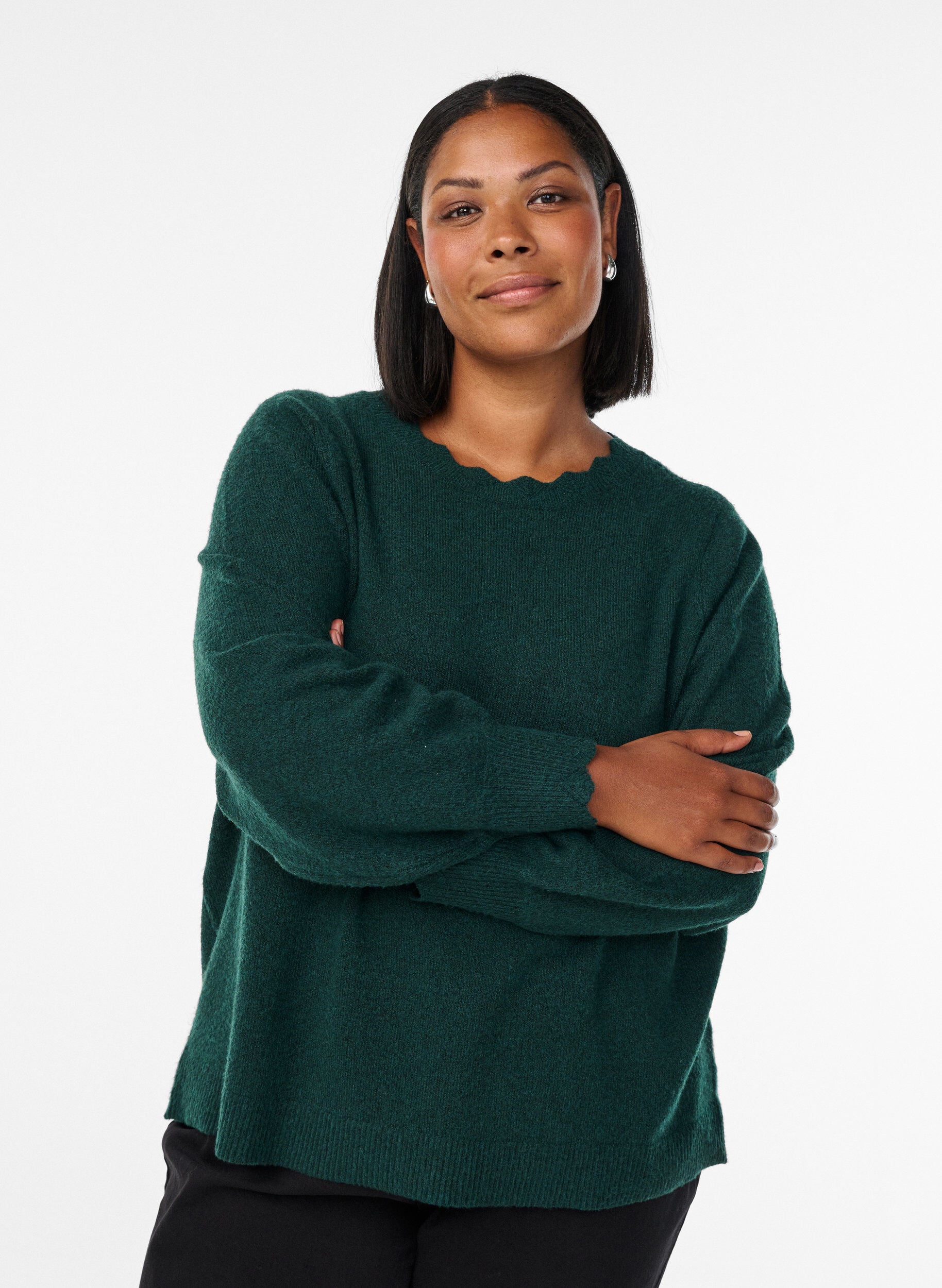 Gebreide blouse met golvende randen, Groen, Model