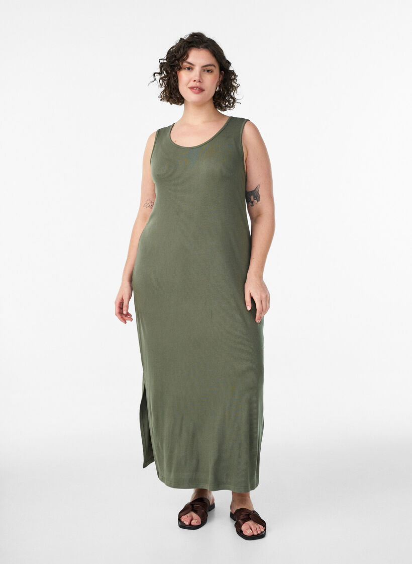 Mouwloze ribjurk van viscose, Groen, Model image number 0