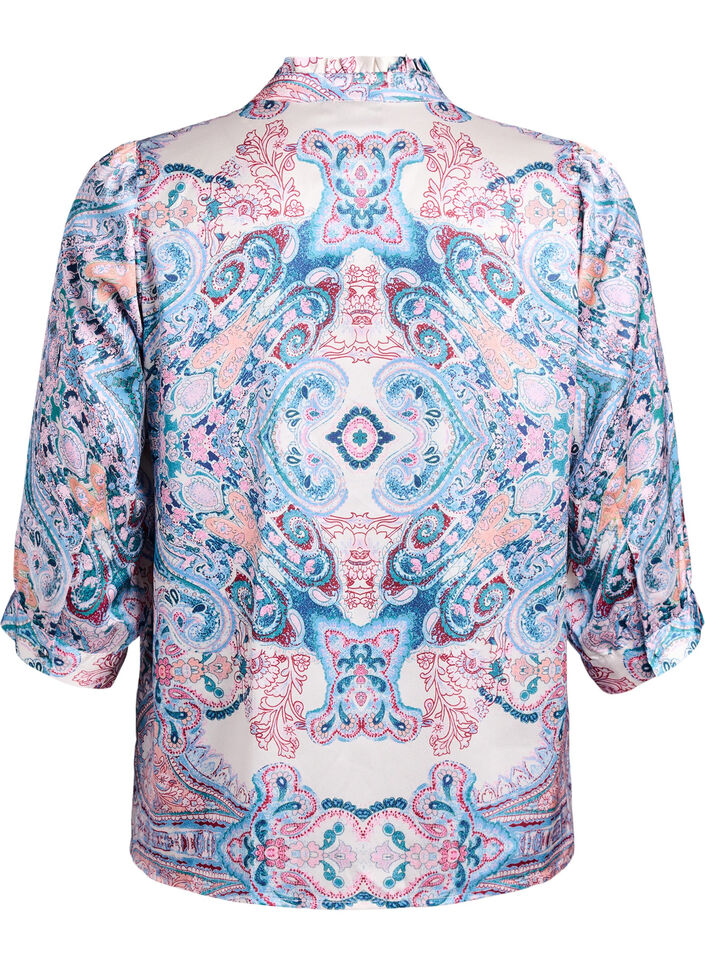 Blouse met satijn-look en paisleyprint met 3/4 mouwen, Blauw, Packshot image number 1