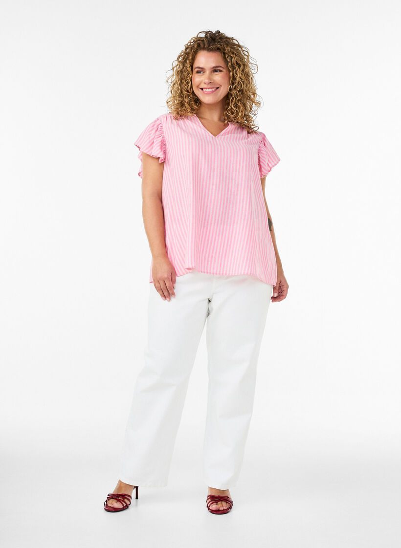 Viscose en linnen blouse met ruches aan de mouwen, Roze, Model image number 1