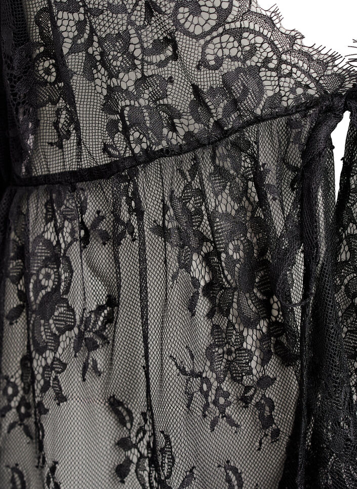 Kanten top met strikdetail en 3/4-mouwen, Zwart, Packshot image number 2