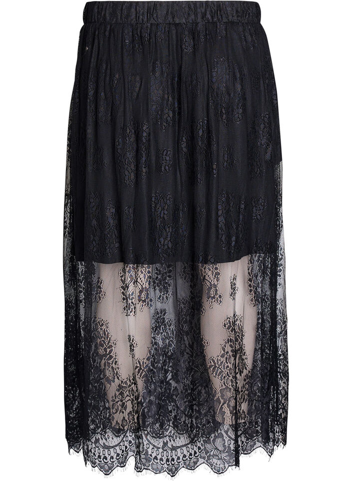 Lange rok van kant met elastische taille, Black, Packshot