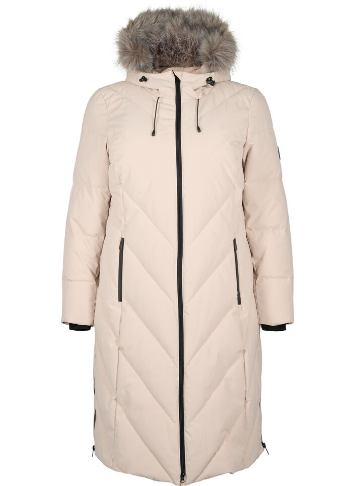 Lange winterjas met haaksluitingen en een nep bontkraag, Beige, Packshot image number 0