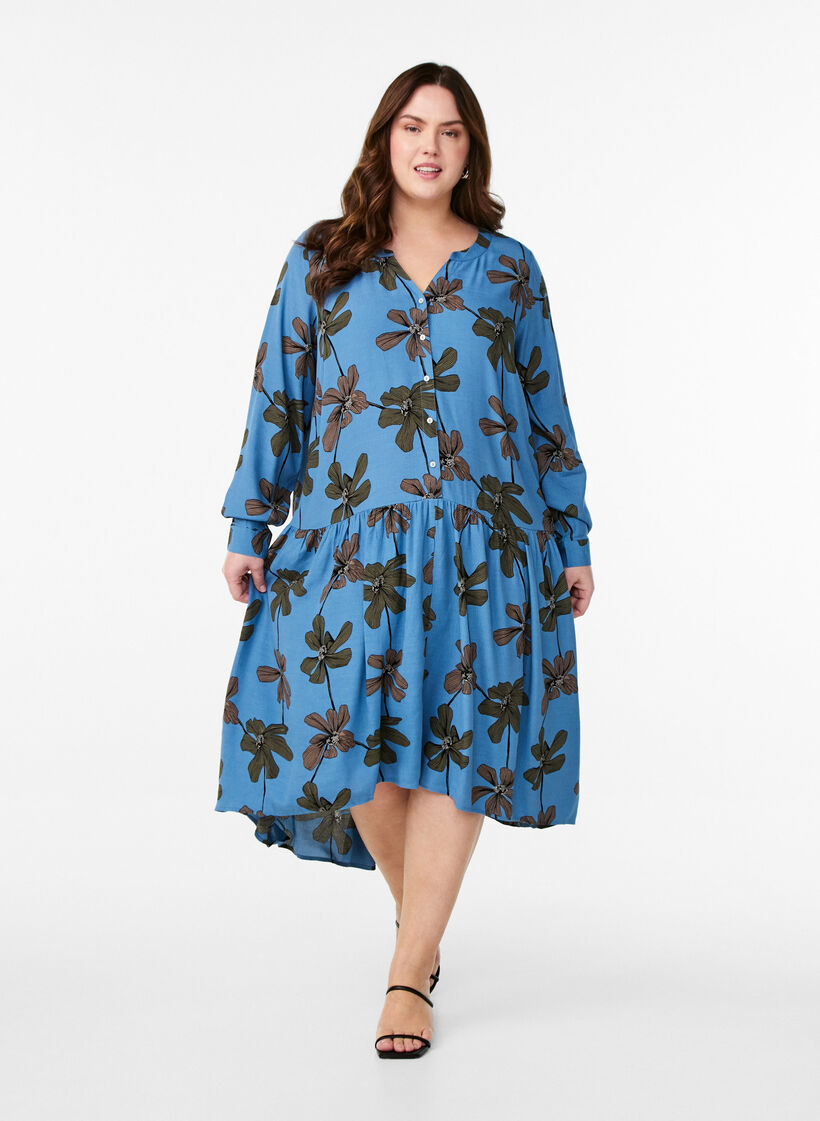 Bedrukte viscose midi-jurk met lange mouwen, Blauw, Model image number 1