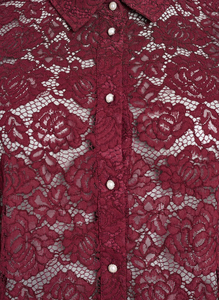 Kanten shirt blouse met parelknopen, Donker Bordeaux, Packshot image number 2