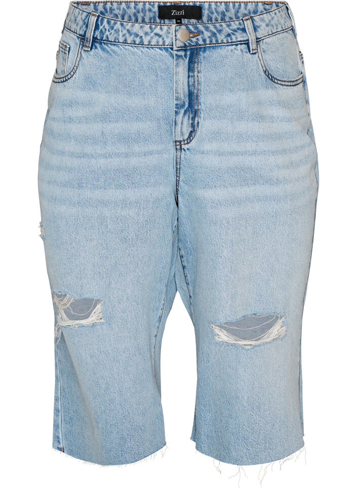 Gecropte jeans met een versleten look en rafelige randen, Blauw, Packshot