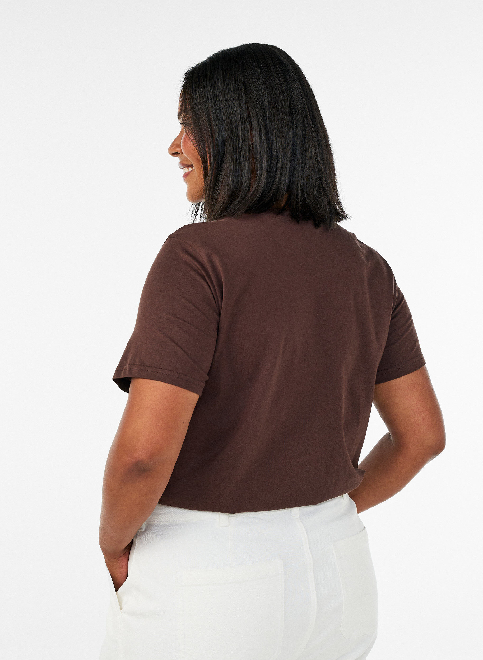 ZizziBasic katoenen T-shirt met ronde hals, Bruin, Model image number 2